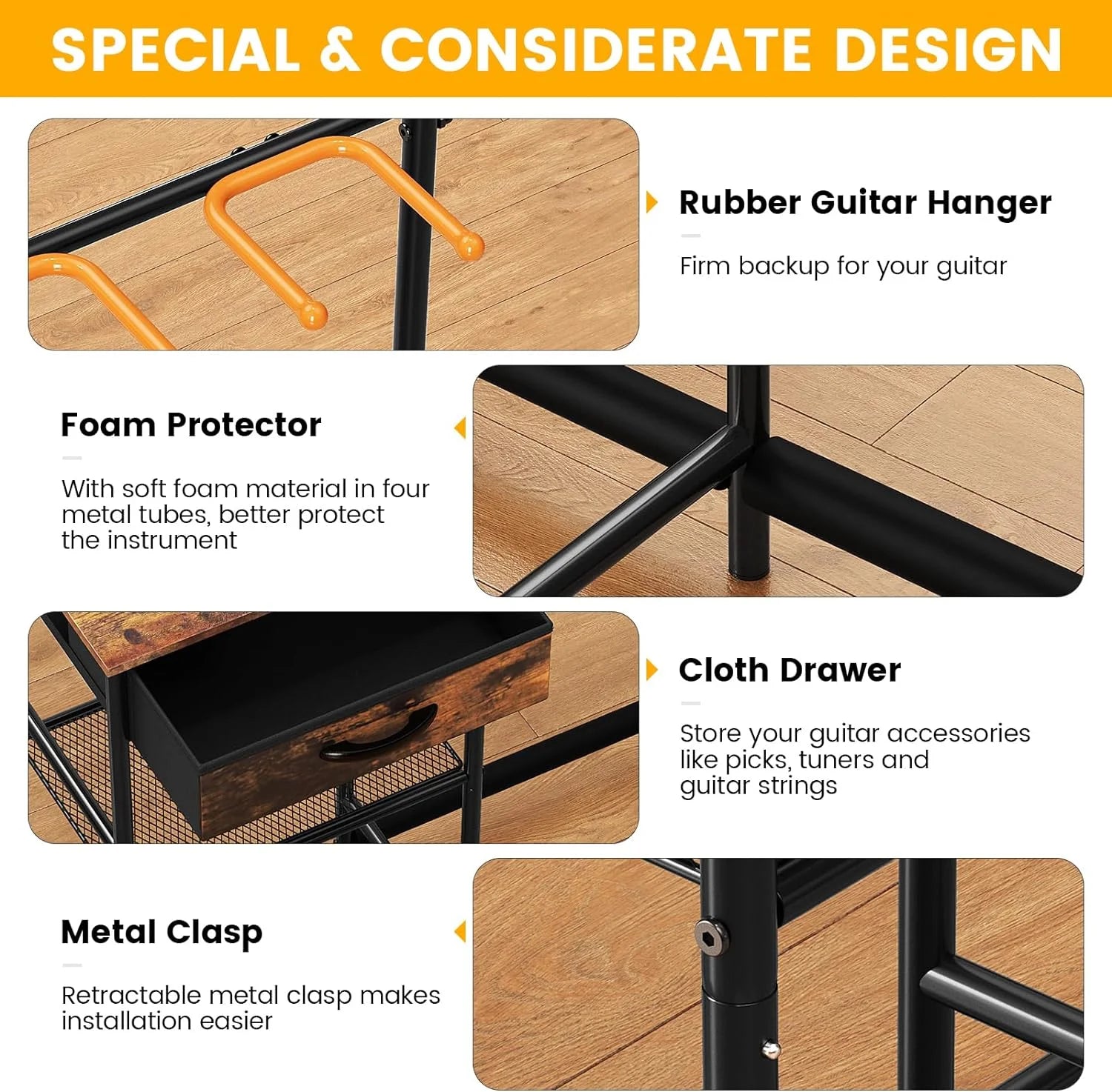 Guitar Stands Floor with 4 Guitar Holders, 3-Tier Guitar Rack with Amp Stand & Cloth Drawer, Floor Adjustable Guitar Holder Display for Music Room Home Studio