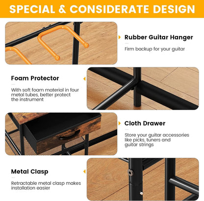 Guitar Stands Floor with 4 Guitar Holders, 3-Tier Guitar Rack with Amp Stand & Cloth Drawer, Floor Adjustable Guitar Holder Display for Music Room Home Studio