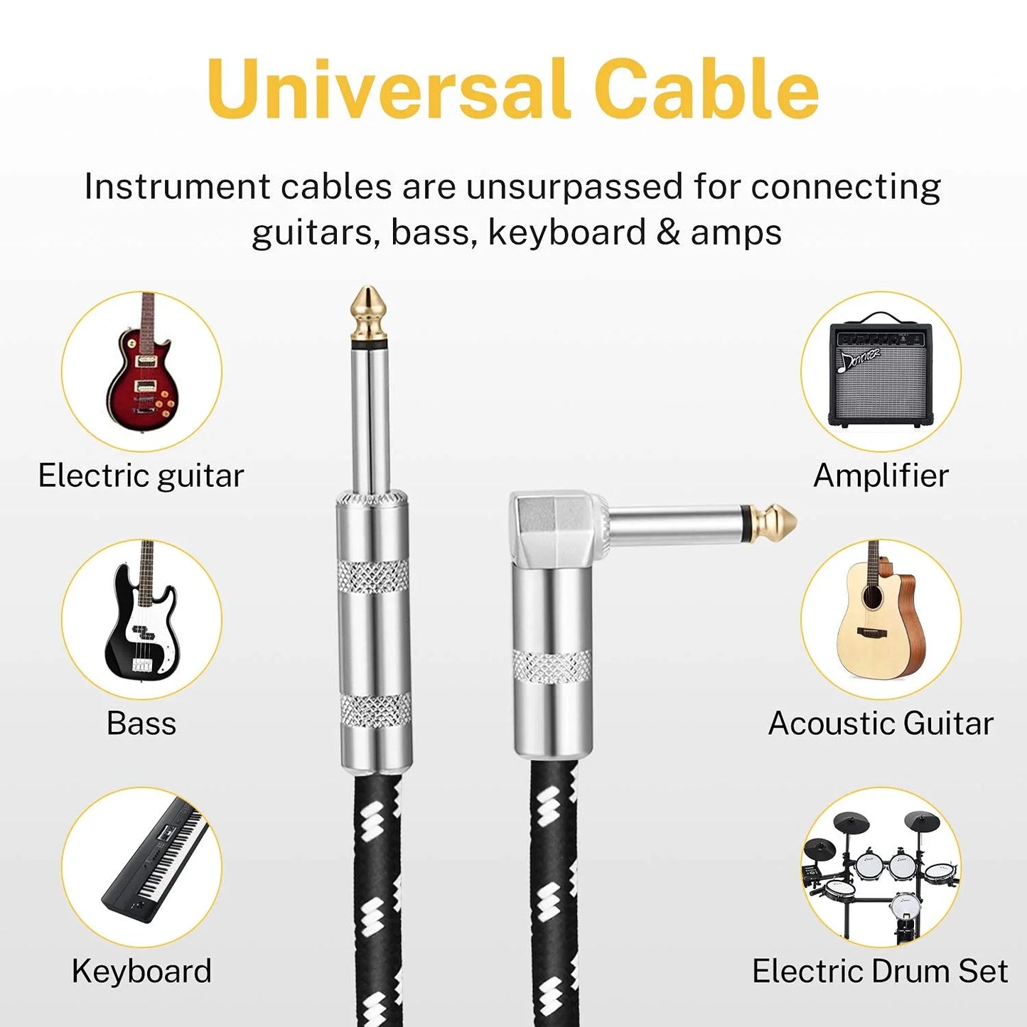 Guitar Cable 10 Ft, Electric Instrument Cable Bass Amp Cord for Electric Guitar Bass Amplifier Audio, 1/4" Right Angle to Straight, Black White