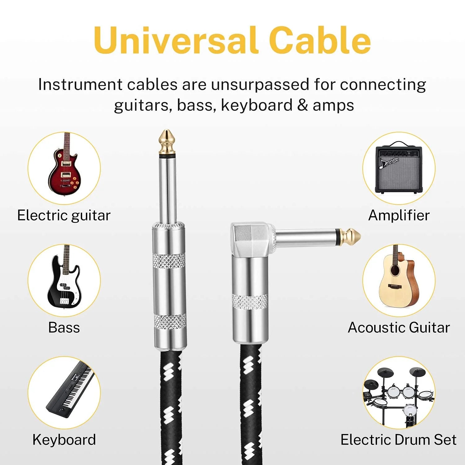 Guitar Cable 10 Ft, Electric Instrument Cable Bass Amp Cord for Electric Guitar Bass Amplifier Audio, 1/4" Right Angle to Straight, Black White