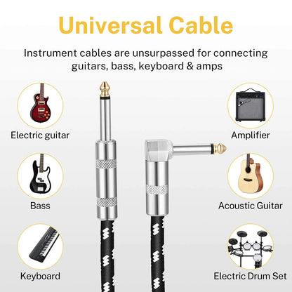 Guitar Cable 10 Ft, Electric Instrument Cable Bass Amp Cord for Electric Guitar Bass Amplifier Audio, 1/4" Right Angle to Straight, Black White