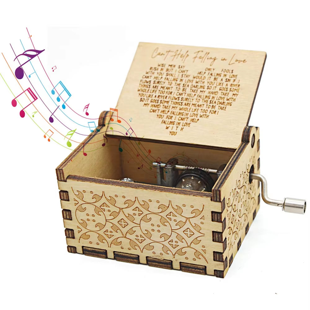 Wooden Music Box Vintage Engraving Wooden Hand-Cranked Music Box Can'T Help but Fall in Love Music Box