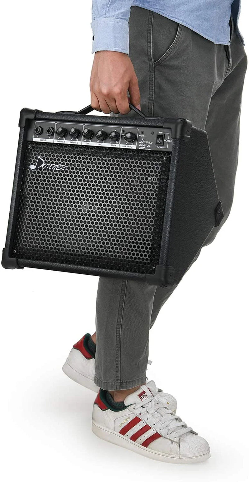 DKA-20 Keyboard Amplifier 20 Watt AMP with Aux in and Two Channels, Bass Guitar Amp, Piano Amplifier, Electronic Drum Speaker Support for Microphone Input TV Computer
