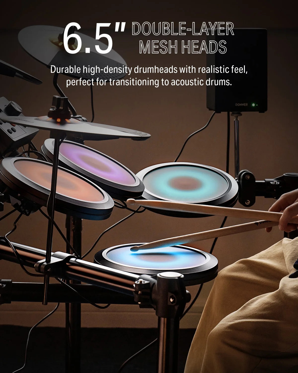 Electric Drum Set with LED Light Up, 150+ Sounds, USB MIDI, Type-C Charging, 4 Quiet Mesh Pad Electronic Dums Kit for Beginner Kids