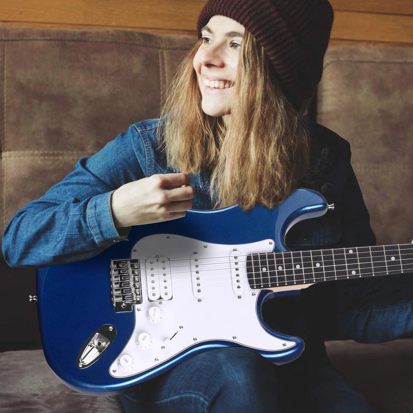 Electric Guitar Solid-Wood Body 39 Inch Beginner Kit with Amplifier, Strap, String, Tuner, Cable, Picks (Blue)