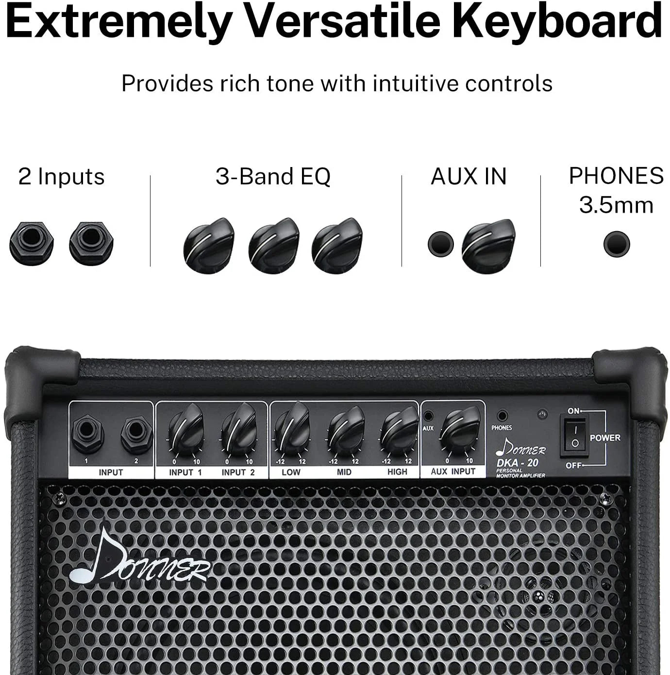 DKA-20 Keyboard Amplifier 20 Watt AMP with Aux in and Two Channels, Bass Guitar Amp, Piano Amplifier, Electronic Drum Speaker Support for Microphone Input TV Computer