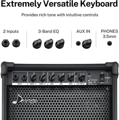 DKA-20 Keyboard Amplifier 20 Watt AMP with Aux in and Two Channels, Bass Guitar Amp, Piano Amplifier, Electronic Drum Speaker Support for Microphone Input TV Computer