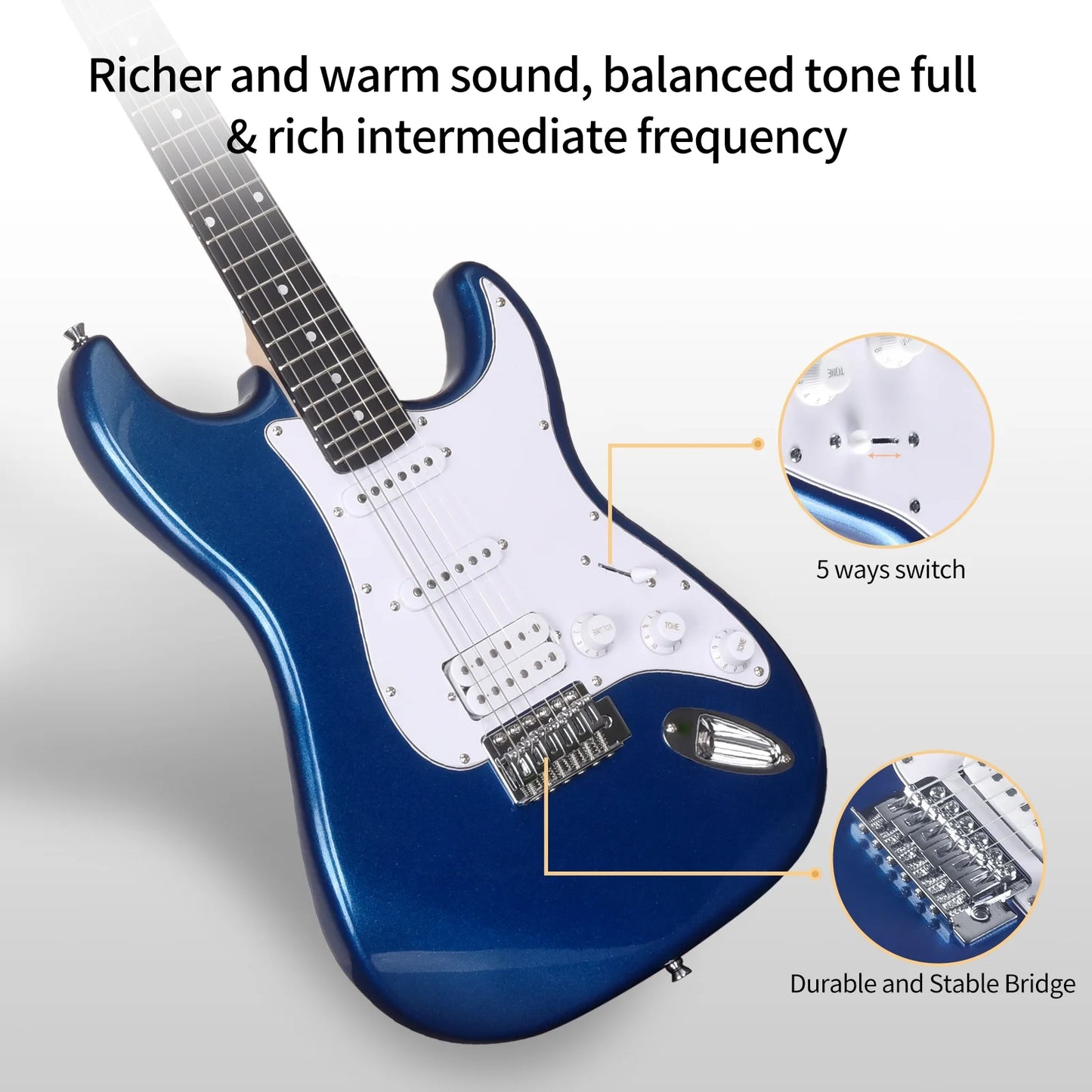 Electric Guitar Solid-Wood Body 39 Inch Beginner Kit with Amplifier, Strap, String, Tuner, Cable, Picks (Blue)
