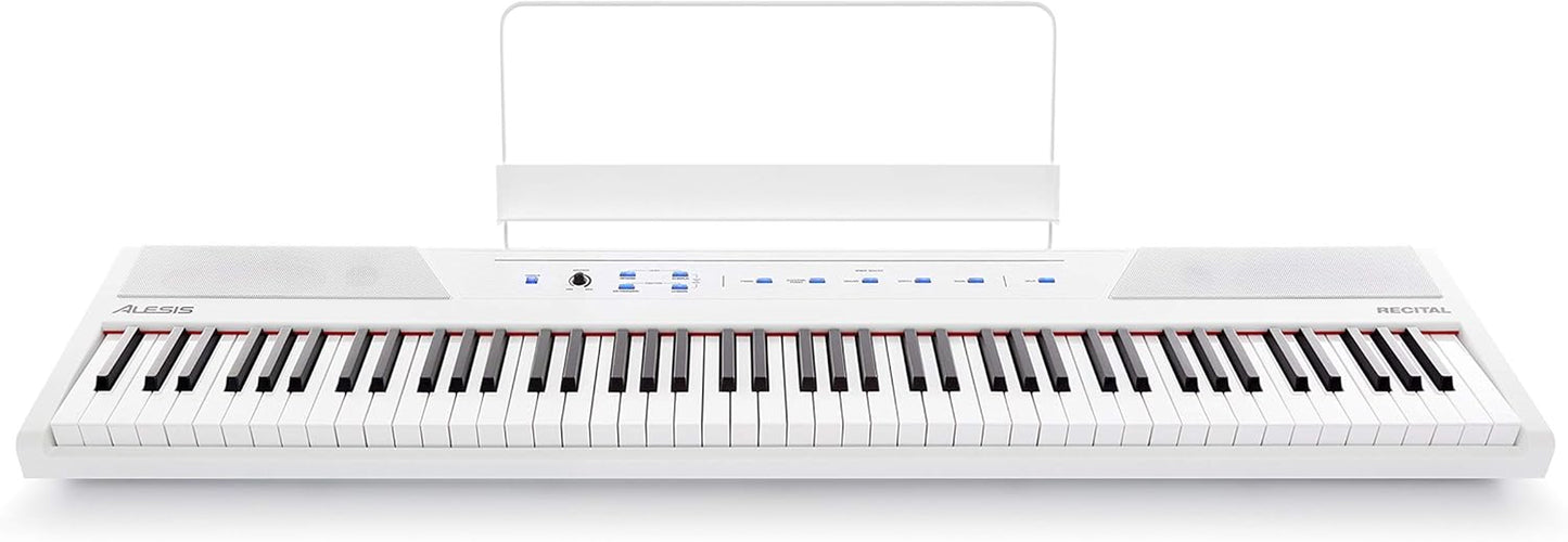 Recital White - 88 Key Digital Piano Keyboard with Semi-Weighted Keys, 2X20W Speakers, 5 Voices, Split, Layer and Lesson Mode, FX and Piano Lessons
