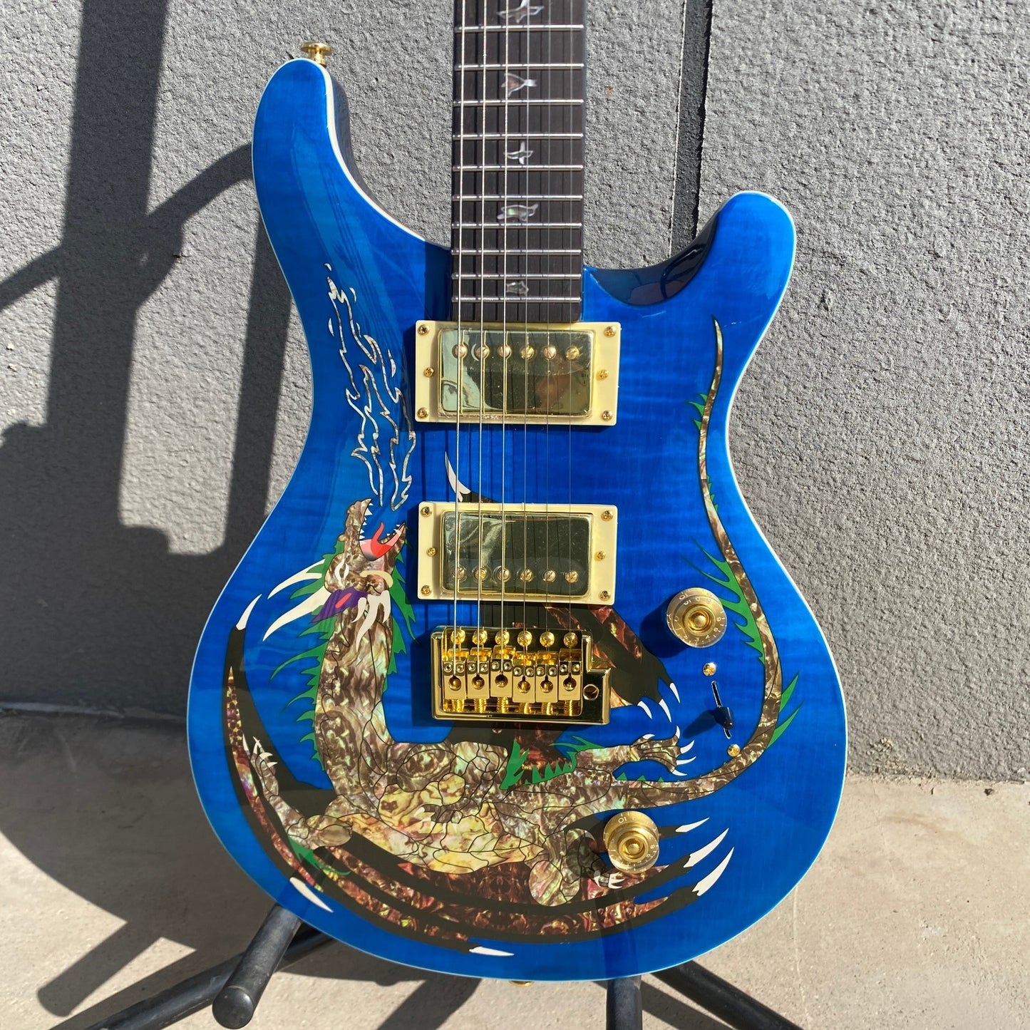 Amazing Blue PRS Electric Guitar Dragon Pattern 6 String Mahogany Body