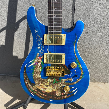 Amazing Blue PRS Electric Guitar Dragon Pattern 6 String Mahogany Body