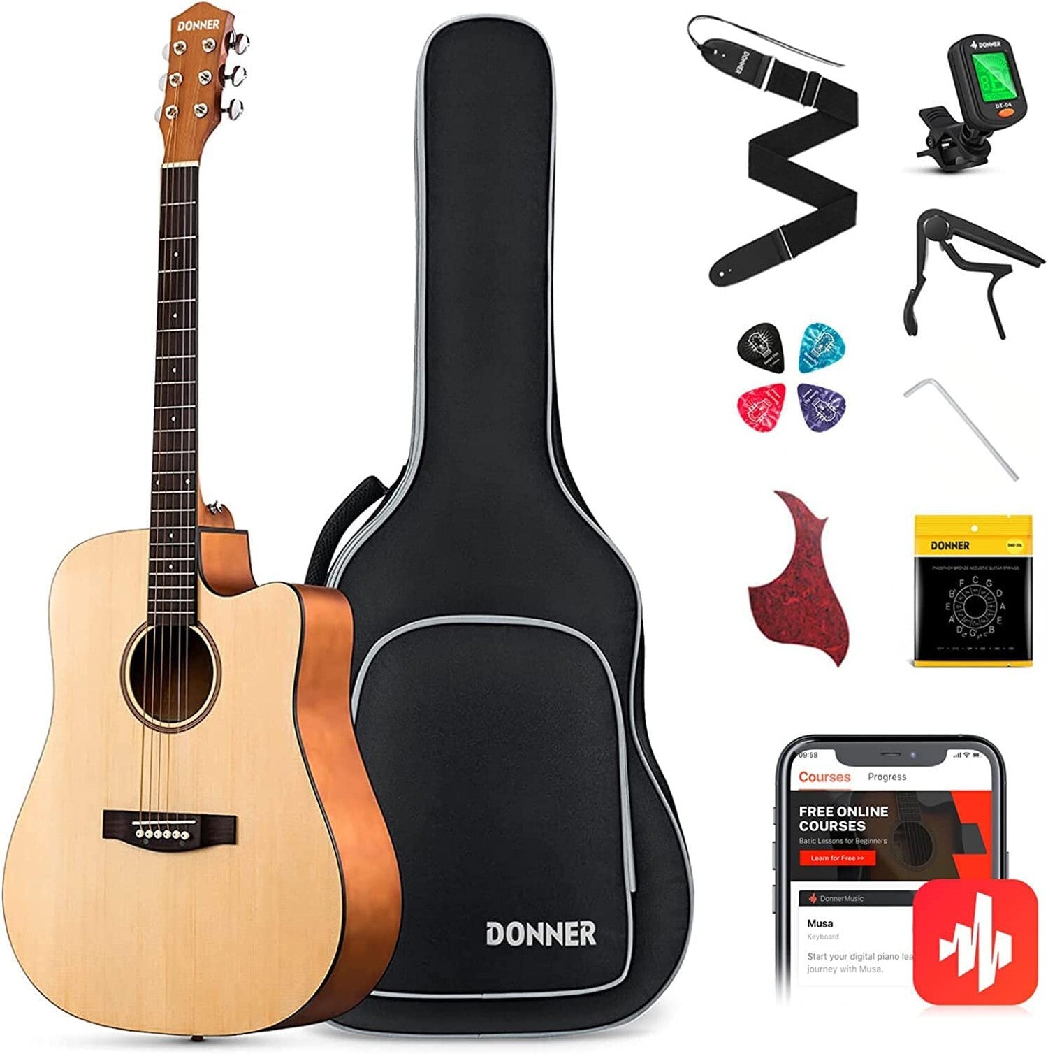 Donner Acoustic Guitar Kit for Beginners Adult Teen - Starter Kit, Full Size ...