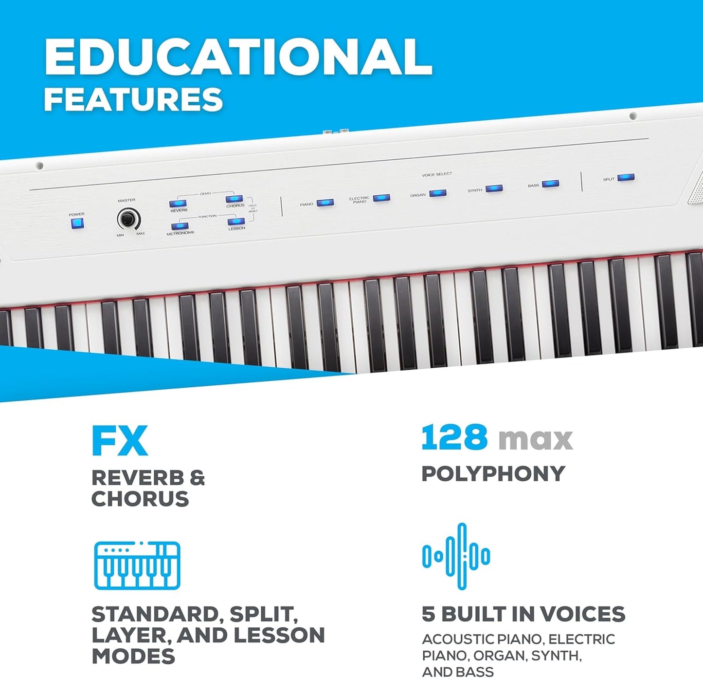 Recital White - 88 Key Digital Piano Keyboard with Semi-Weighted Keys, 2X20W Speakers, 5 Voices, Split, Layer and Lesson Mode, FX and Piano Lessons