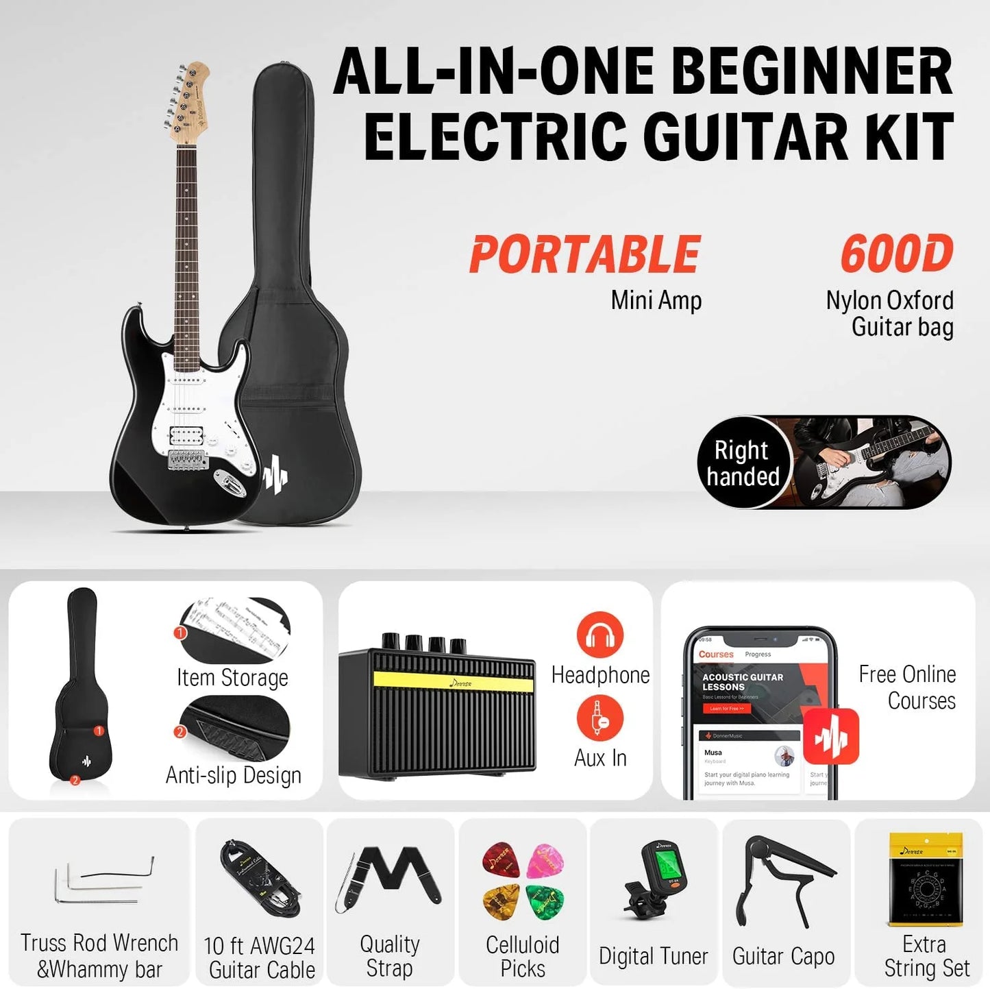 DST-100B 39" Electric Guitar Beginner Kit Solid Body Full Size HSS for Starter, with Amplifier, Bag, Digital Tuner, Capo, Strap, String, Cable, Picks, Black