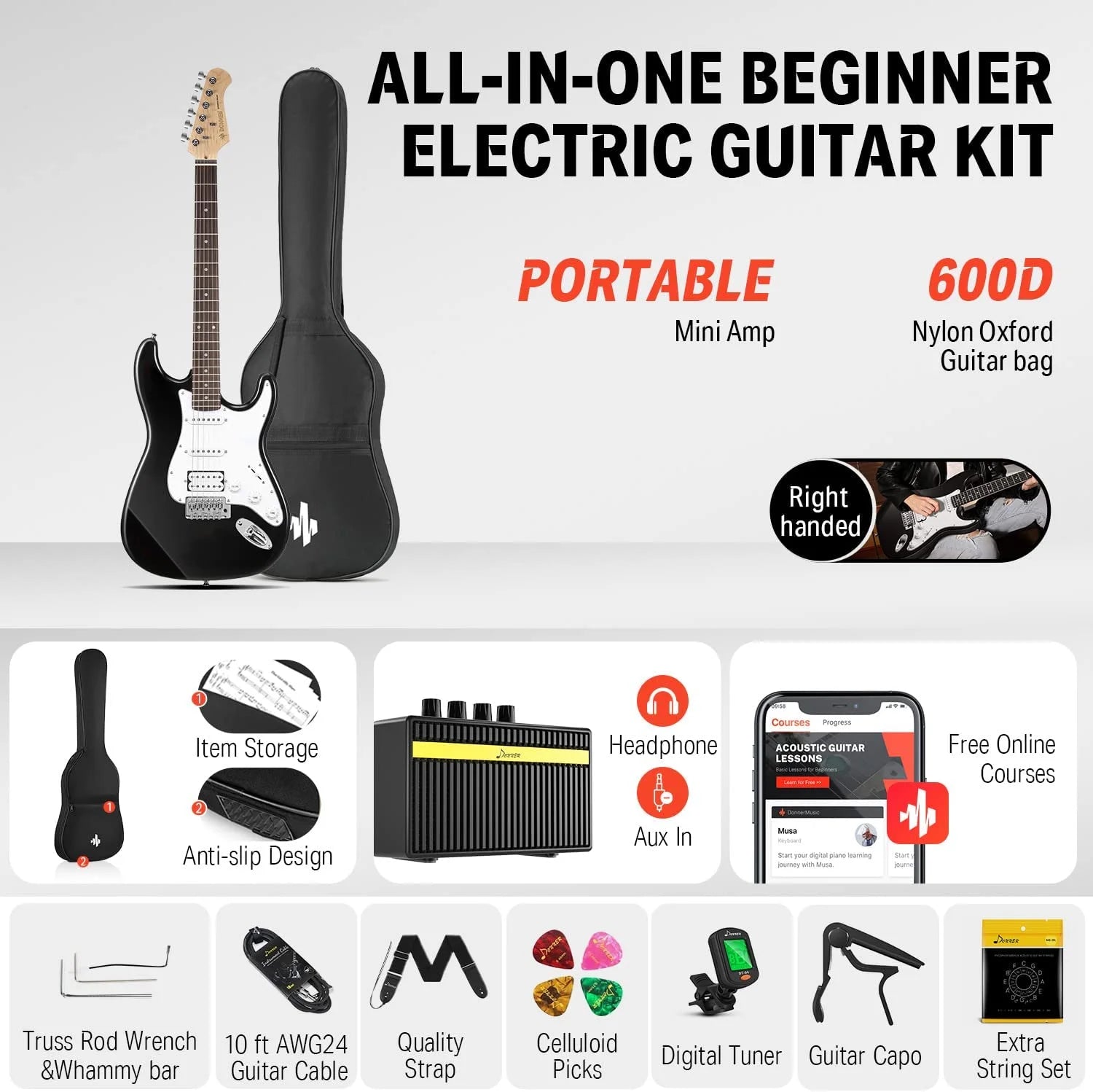 DST-100B 39" Electric Guitar Beginner Kit Solid Body Full Size HSS for Starter, with Amplifier, Bag, Digital Tuner, Capo, Strap, String, Cable, Picks, Black