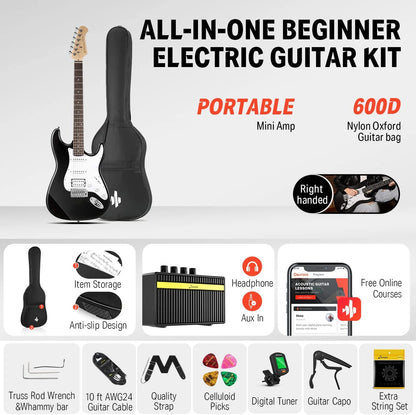 DST-100B 39" Electric Guitar Beginner Kit Solid Body Full Size HSS for Starter, with Amplifier, Bag, Digital Tuner, Capo, Strap, String, Cable, Picks, Black