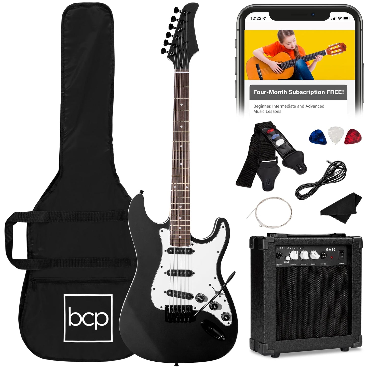 39In Full Size Beginner Electric Guitar Kit with Case, Strap, Amp, Whammy Bar - Jet Black