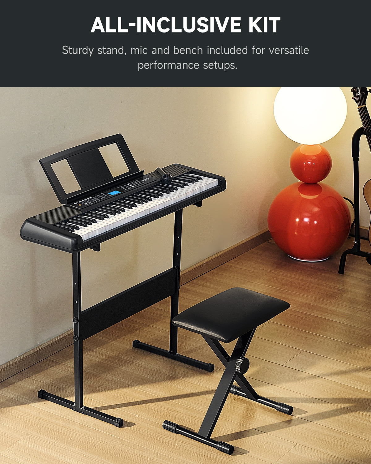 DEK-200 61-Key Piano Full-Size Electronic Keyboard Set, Auto Accompaniment, Metronome,, Includes 300 Tones, with Stand, Bench, Microphone