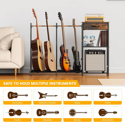 Guitar Stands Floor with 4 Guitar Holders, 3-Tier Guitar Rack with Amp Stand & Cloth Drawer, Floor Adjustable Guitar Holder Display for Music Room Home Studio