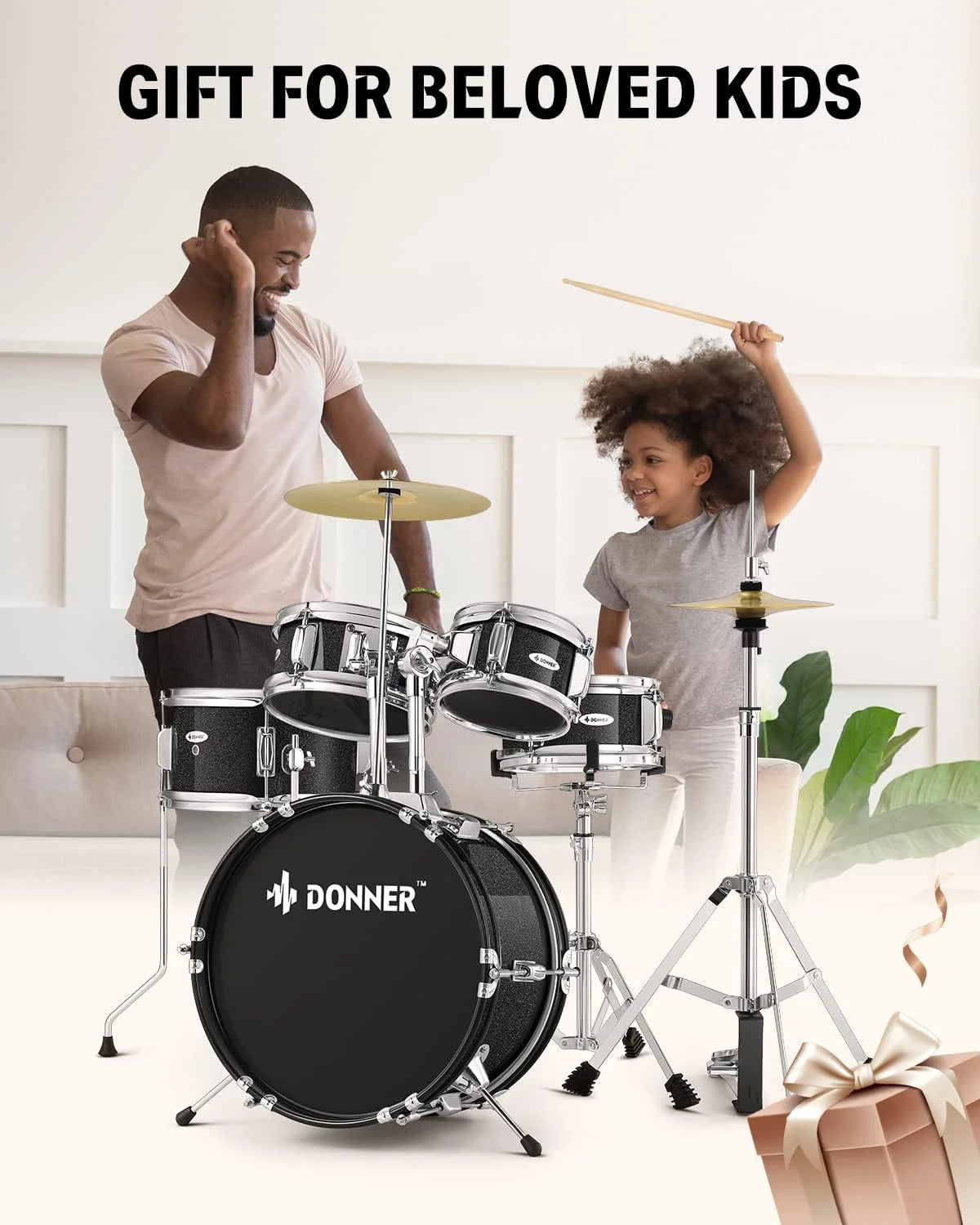 Kids Junior Drum Set for Beginner, 14" 5-Piece Percussion Instrument Practice Learning, Black