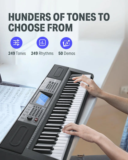 Upgraded 61 Key Piano Keyboard, Electric Keyboard Kit with 249 Voices, 249 Rhythms - Includes Piano Stand, Stool, Microphone, Gift for Beginners, Black (DEK-610S)