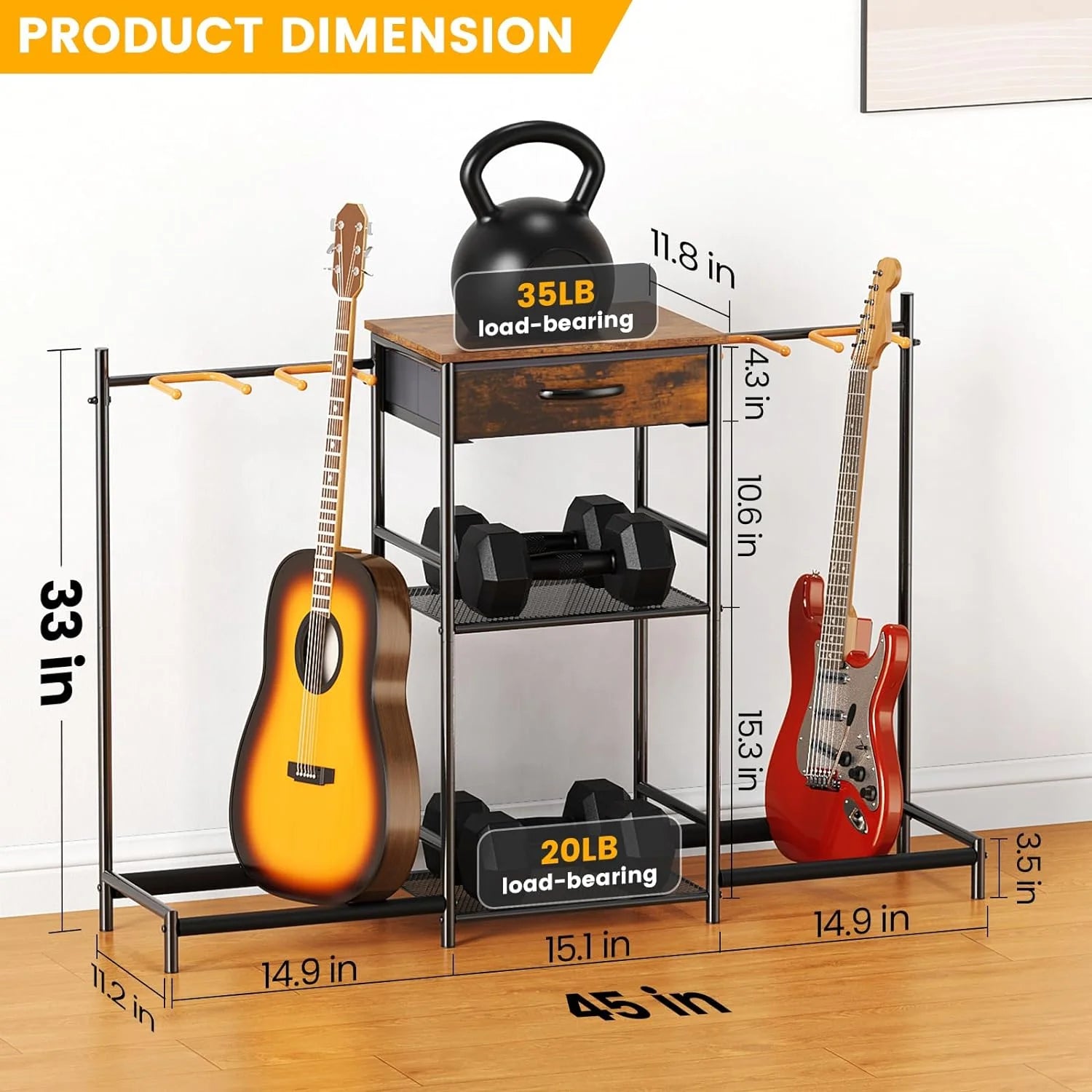 Guitar Stands Floor with 4 Guitar Holders, 3-Tier Guitar Rack with Amp Stand & Cloth Drawer, Floor Adjustable Guitar Holder Display for Music Room Home Studio