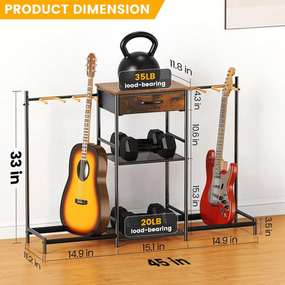 Guitar Stands Floor with 4 Guitar Holders, 3-Tier Guitar Rack with Amp Stand & Cloth Drawer, Floor Adjustable Guitar Holder Display for Music Room Home Studio