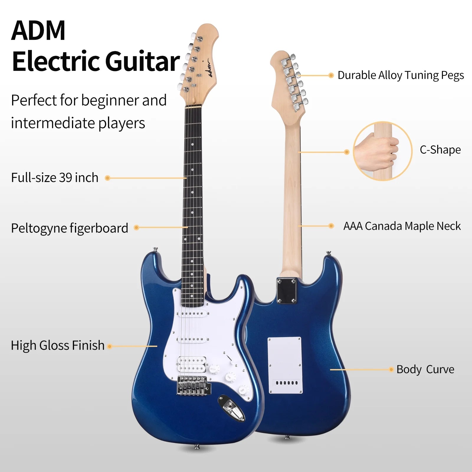 Electric Guitar Solid-Wood Body 39 Inch Beginner Kit with Amplifier, Strap, String, Tuner, Cable, Picks (Blue)
