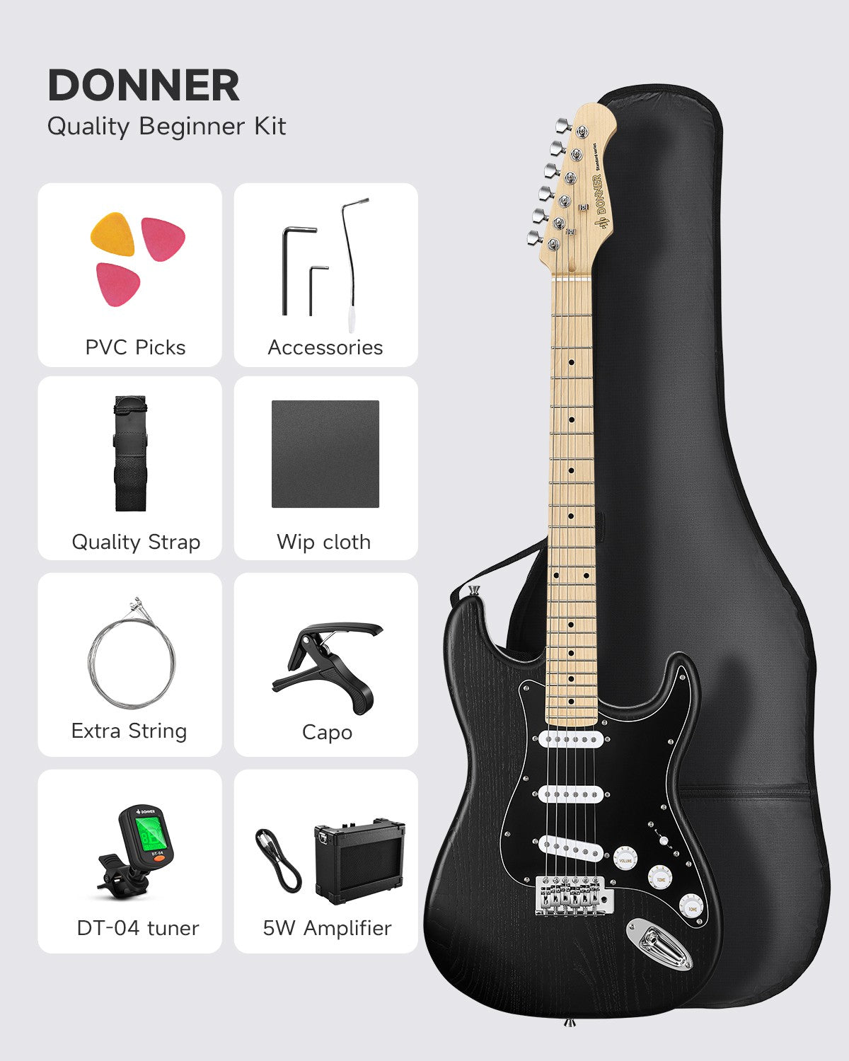 🎸 Donner DST-80 Electric Guitar with Amp Bag Strap Tuner Solid Body SSS Pickup
