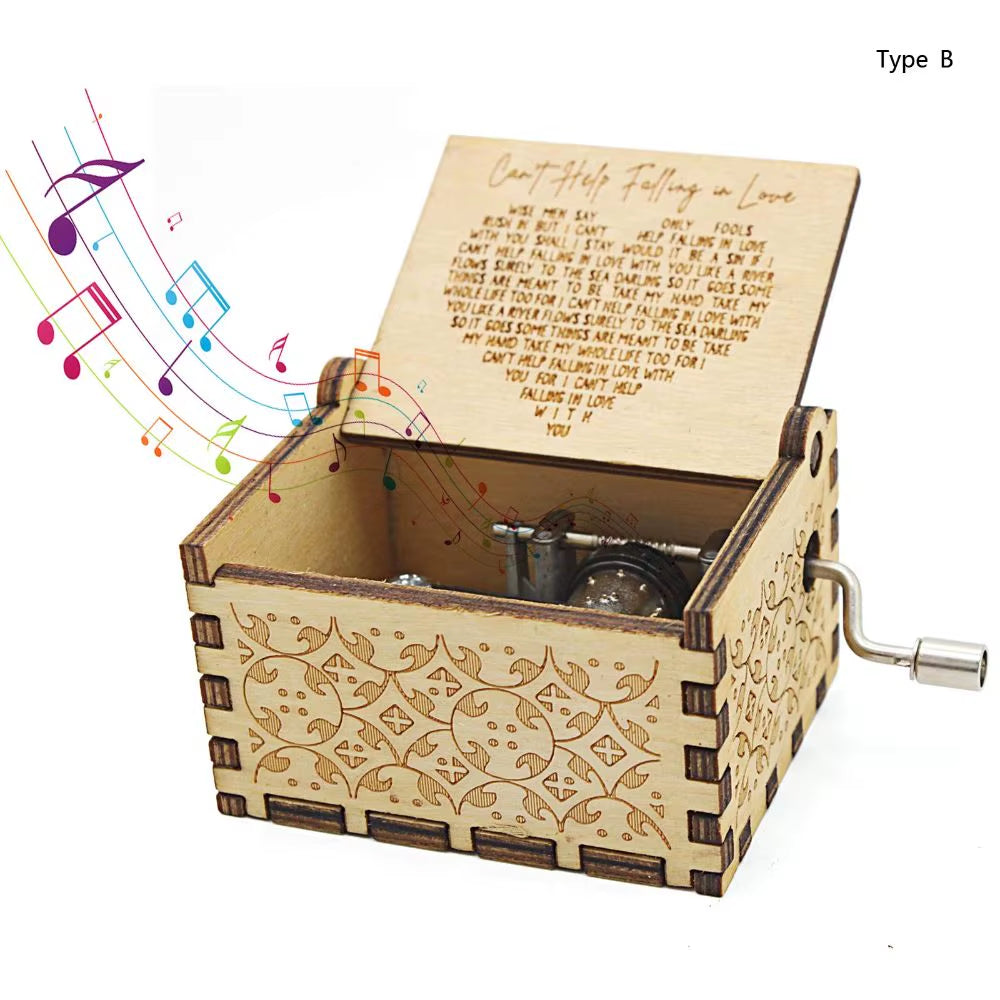 Wooden Music Box Vintage Engraving Wooden Hand-Cranked Music Box Can'T Help but Fall in Love Music Box