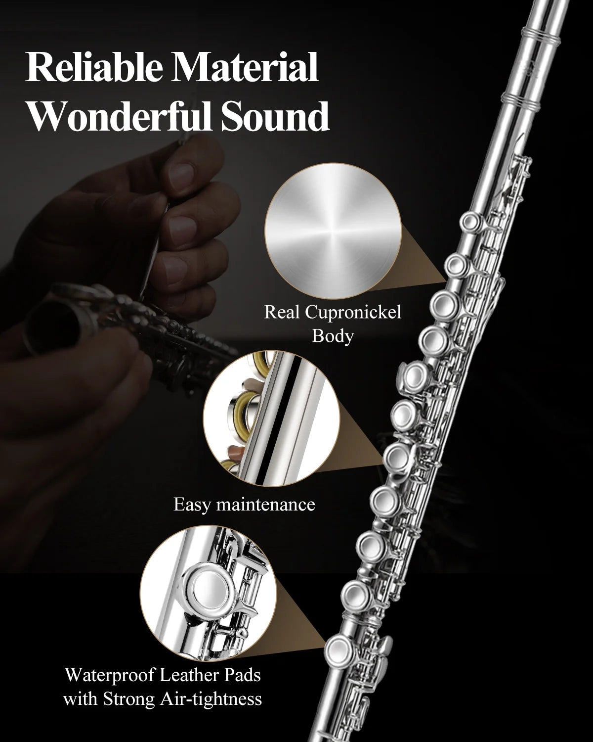 EFL-1 Nickel Plated C Flute for Beginner Students - 16 Key Closed Hole with Carrying Case, Stand, Full Cleaning Kit & Tuning Rod