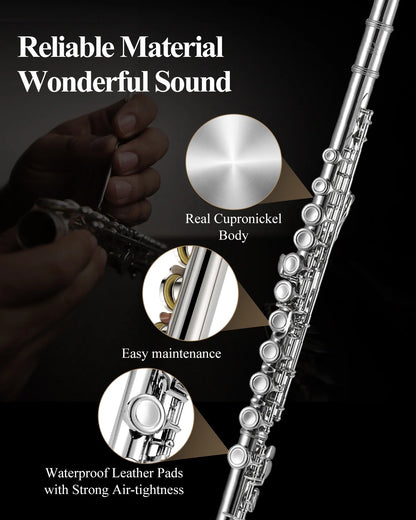 EFL-1 Nickel Plated C Flute for Beginner Students - 16 Key Closed Hole with Carrying Case, Stand, Full Cleaning Kit & Tuning Rod