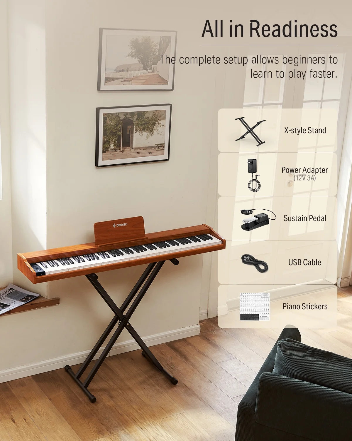 DEP-1S Velocity-Sensitive 88 Keyboard Digital Piano with Stand, 128 Tones, 100 Rhythms, 88 Demo, with Headphone, USB-MIDI, Sustain Pedal, Connect to Apps