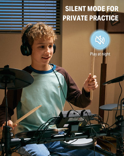 Electric Drum Set for Kids, 150+ Sounds, 15 Drums Kit, 10 Demo Songs, 4 Quiet Mesh Pad Kits for Beginner, Ded-70