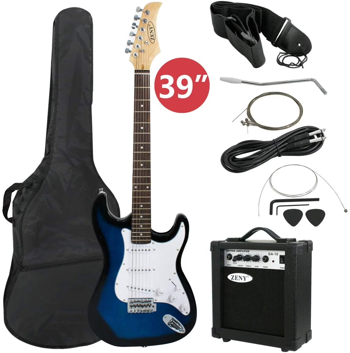 39" Full Size Electric Guitar with Amp, Case and Accessories Pack Beginner Starter Blue