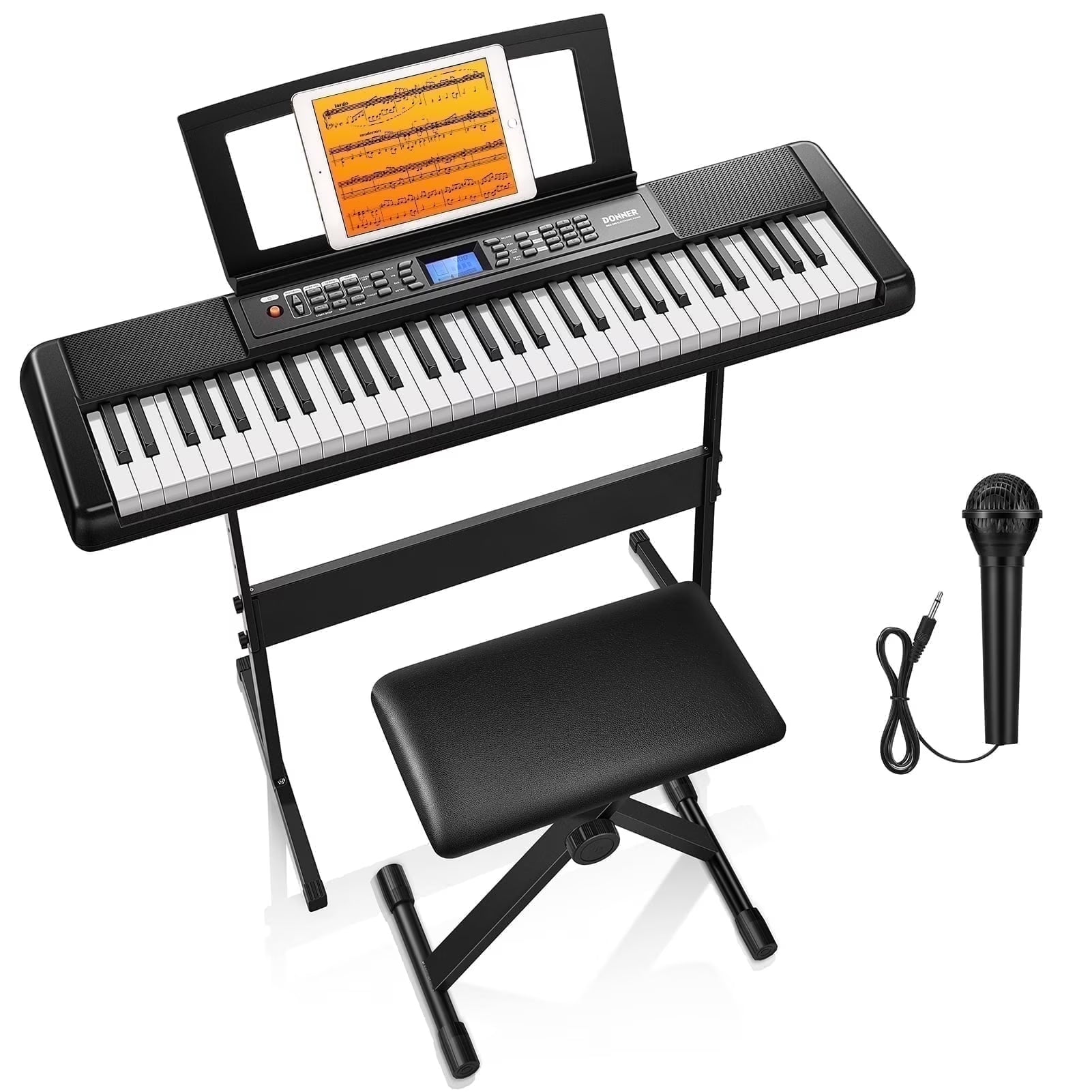 DEK-200 61-Key Piano Full-Size Electronic Keyboard Set, Auto Accompaniment, Metronome,, Includes 300 Tones, with Stand, Bench, Microphone