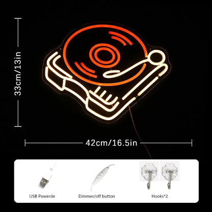 Record Player Neon Sign Retro Red Warm Music Record Neon Light for Music Studio Decor Live Music Bedroom Beer Bar Decoration