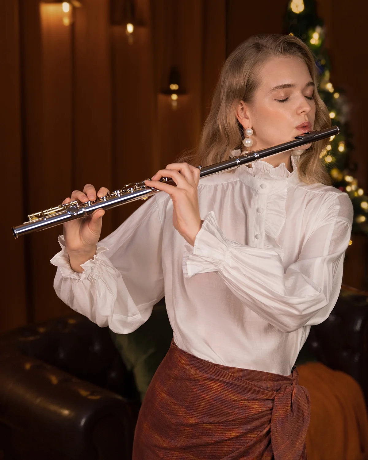 EFL-1 Nickel Plated C Flute for Beginner Students - 16 Key Closed Hole with Carrying Case, Stand, Full Cleaning Kit & Tuning Rod