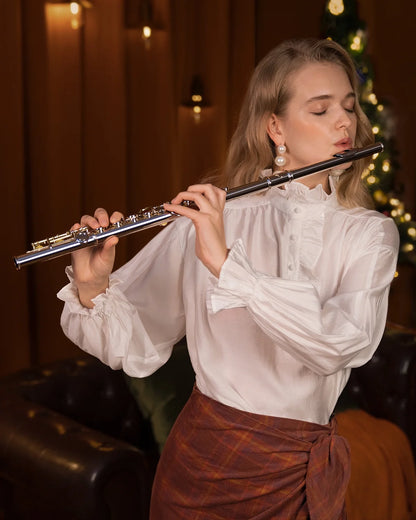EFL-1 Nickel Plated C Flute for Beginner Students - 16 Key Closed Hole with Carrying Case, Stand, Full Cleaning Kit & Tuning Rod