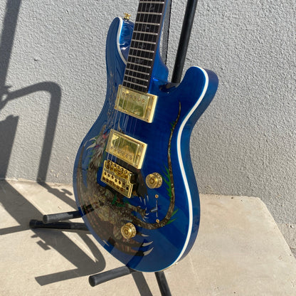 Amazing Blue PRS Electric Guitar Dragon Pattern 6 String Mahogany Body