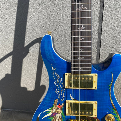 Amazing Blue PRS Electric Guitar Dragon Pattern 6 String Mahogany Body
