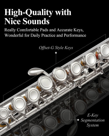 EFL-1 Nickel Plated C Flute for Beginner Students - 16 Key Closed Hole with Carrying Case, Stand, Full Cleaning Kit & Tuning Rod