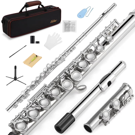 EFL-1 Nickel Plated C Flute for Beginner Students - 16 Key Closed Hole with Carrying Case, Stand, Full Cleaning Kit & Tuning Rod