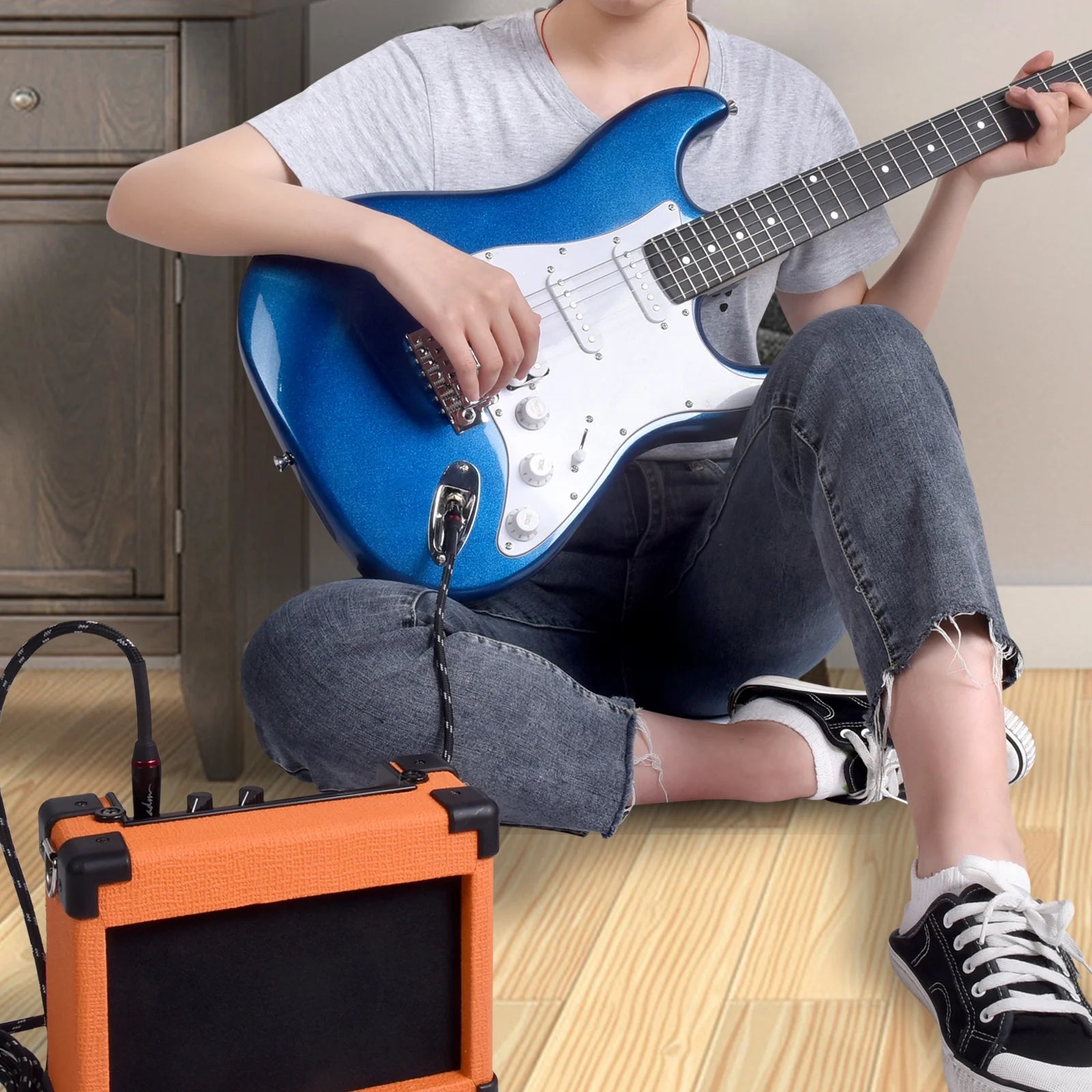 Electric Guitar Solid-Wood Body 39 Inch Beginner Kit with Amplifier, Strap, String, Tuner, Cable, Picks (Blue)