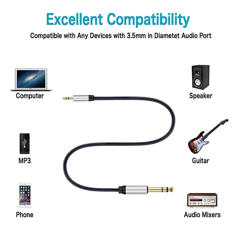 Stereo Braid Cord TRS 1/8 3.5Mm to 1/4 6.35Mm Jack Adapter AUX Audio Cable for MP3 Phone PC Guitar Amplifier Speaker Mixer