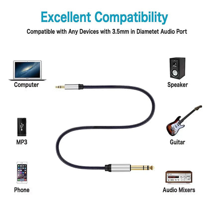 Stereo Braid Cord TRS 1/8 3.5Mm to 1/4 6.35Mm Jack Adapter AUX Audio Cable for MP3 Phone PC Guitar Amplifier Speaker Mixer