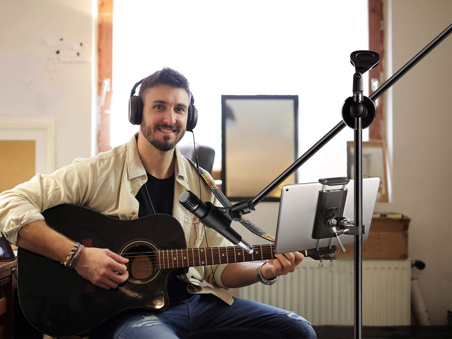 Metal Ipad Mic Stand Holder, 360° Swivel Tilt Microphone Stand Phone Holder M...