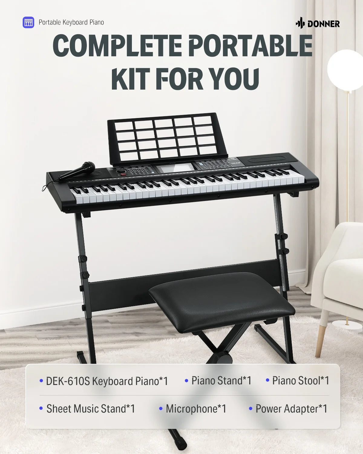 Upgraded 61 Key Piano Keyboard, Electric Keyboard Kit with 249 Voices, 249 Rhythms - Includes Piano Stand, Stool, Microphone, Gift for Beginners, Black (DEK-610S)