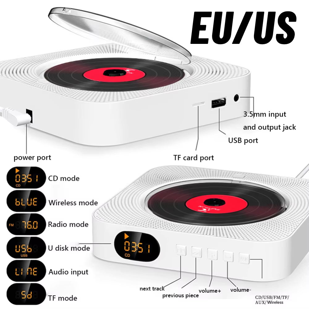 Portable CD Music Player Wall Mounted Bluetooth-Compatible 5.1 Music Player LED Display 3.5Mm Music Player FM Radio with Bracket