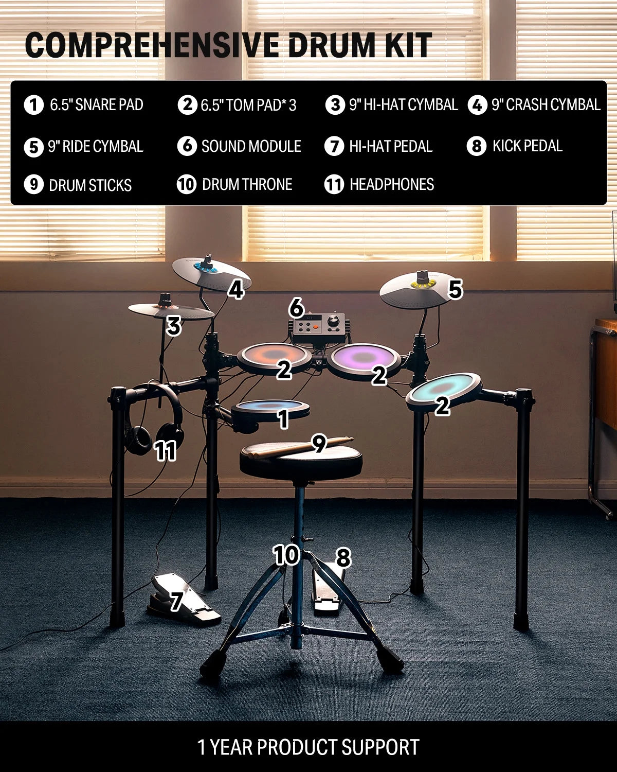 Electric Drum Set with LED Light Up, 150+ Sounds, USB MIDI, Type-C Charging, 4 Quiet Mesh Pad Electronic Dums Kit for Beginner Kids